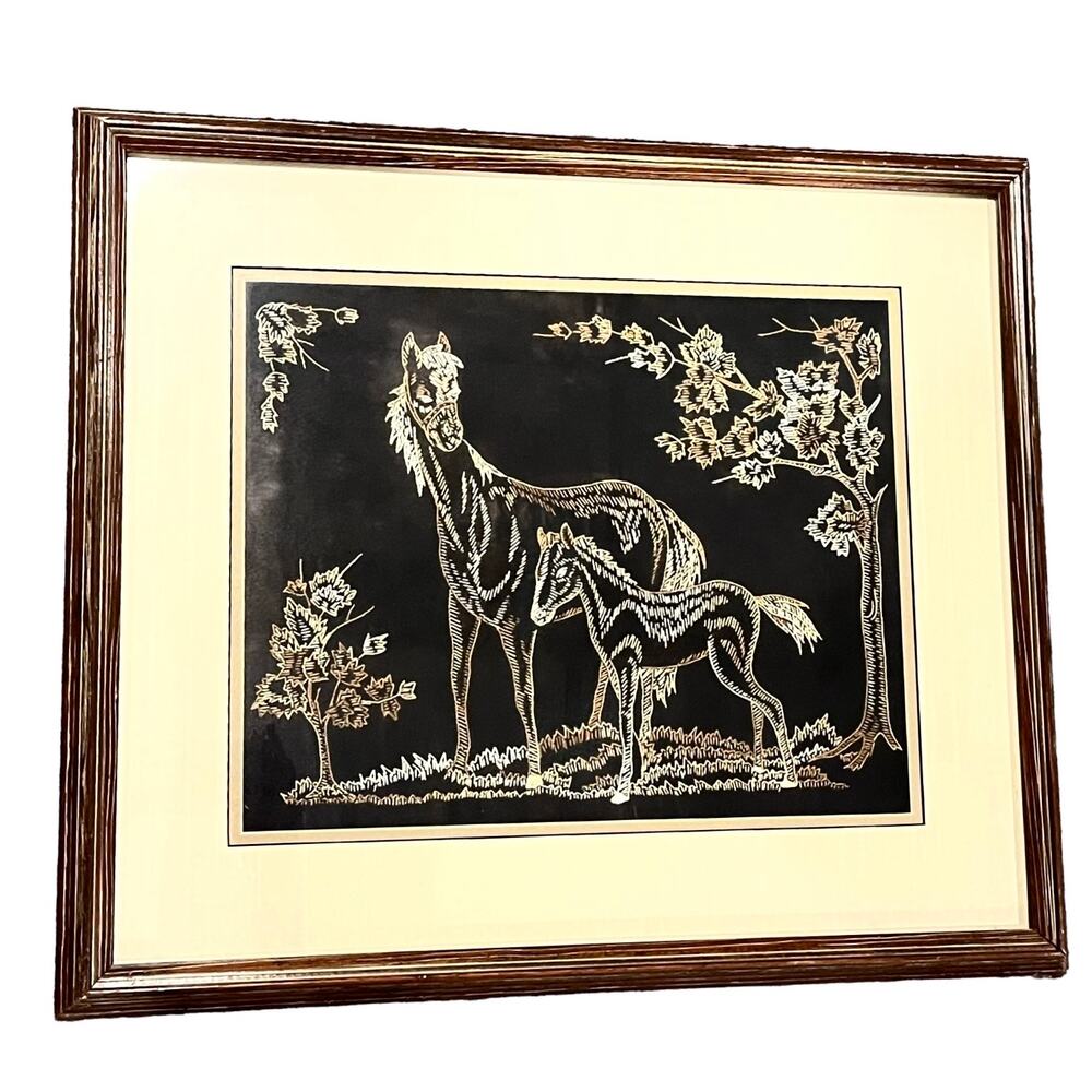 Embroidery Under Glass Framed Art Horse 1930s Mare Colt Filly Trees 18.5x22" Vtg
